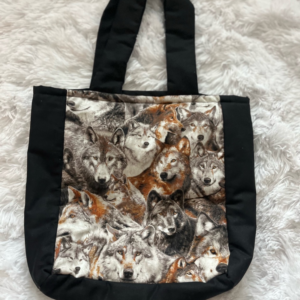 Wolf Print tote with Black Trim